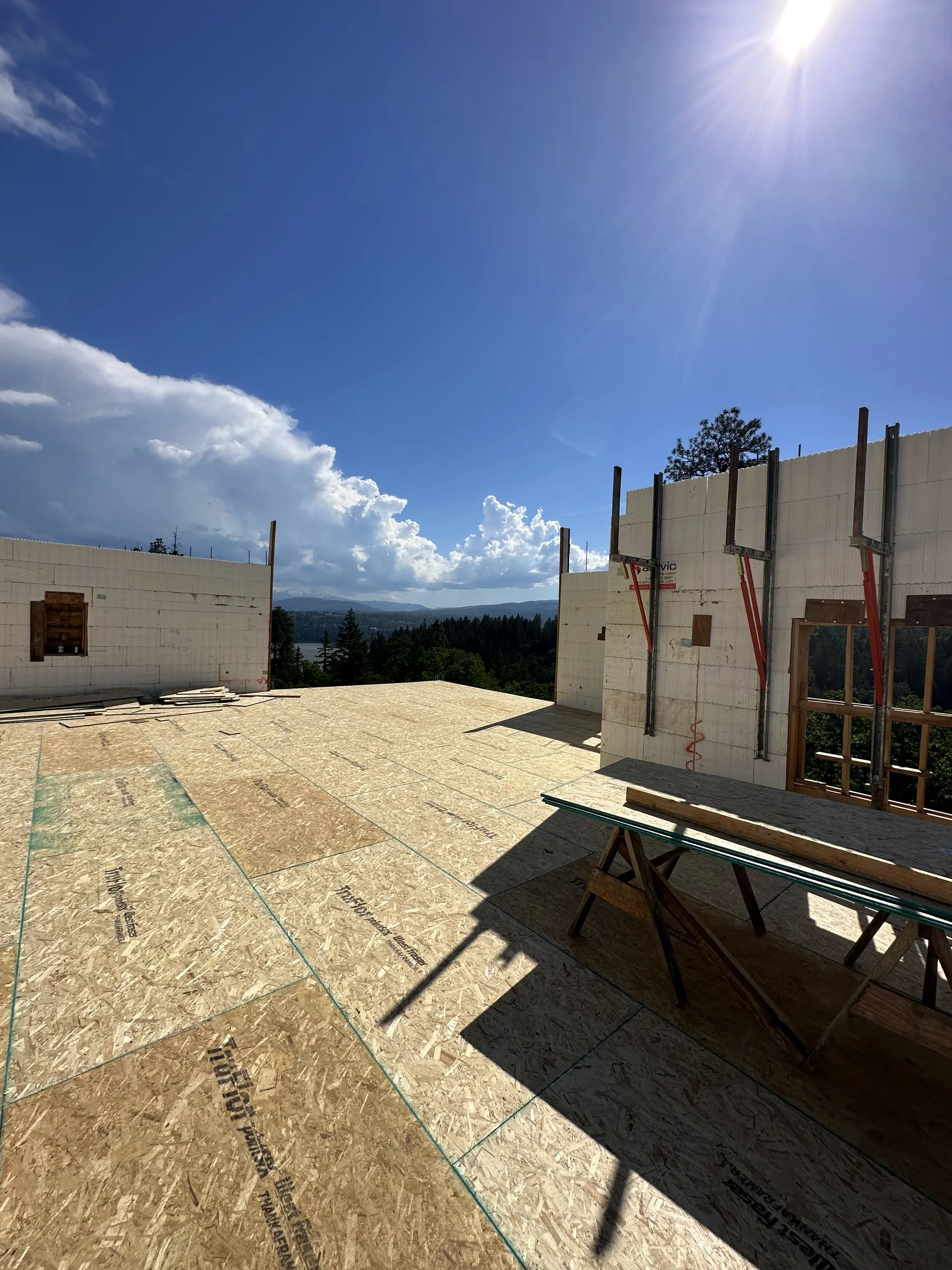 Braced ICF walls and fresh subfloor deck with valley view
